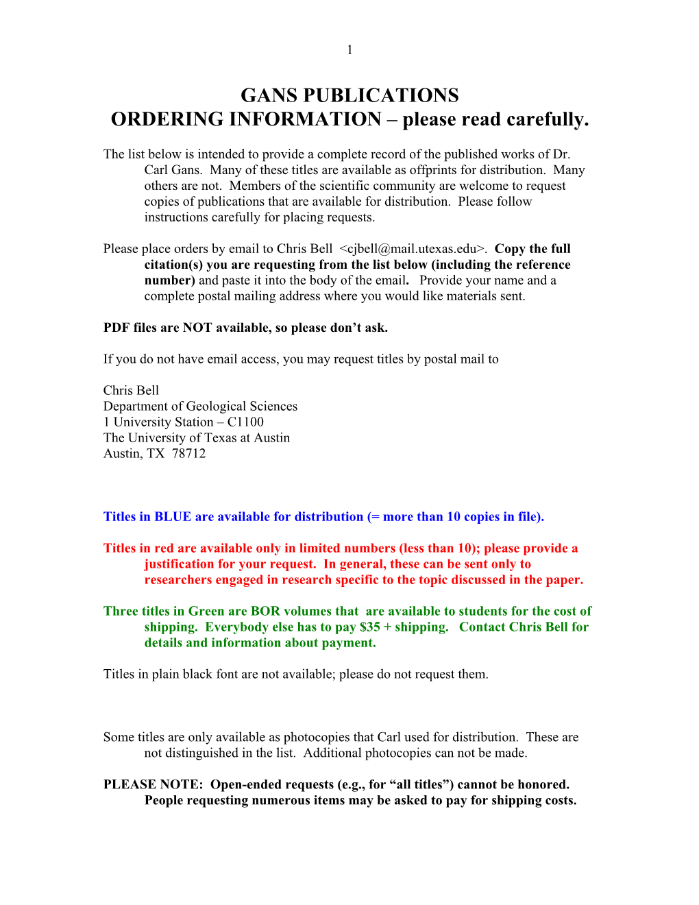 GANS PUBLICATIONS ORDERING INFORMATION – Please Read Carefully