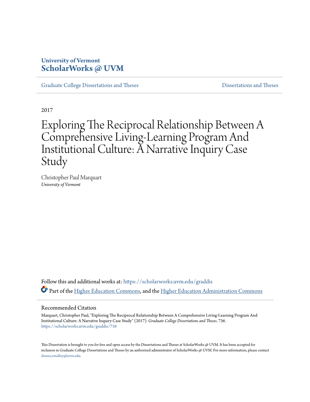 A Narrative Inquiry Case Study Christopher Paul Marquart University of Vermont