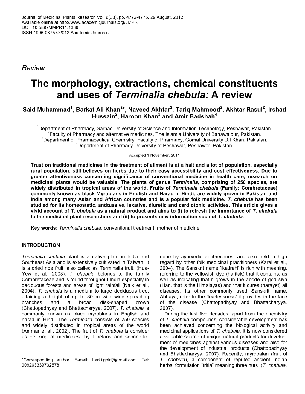 The Morphology, Extractions, Chemical Constituents and Uses of Terminalia Chebula: a Review