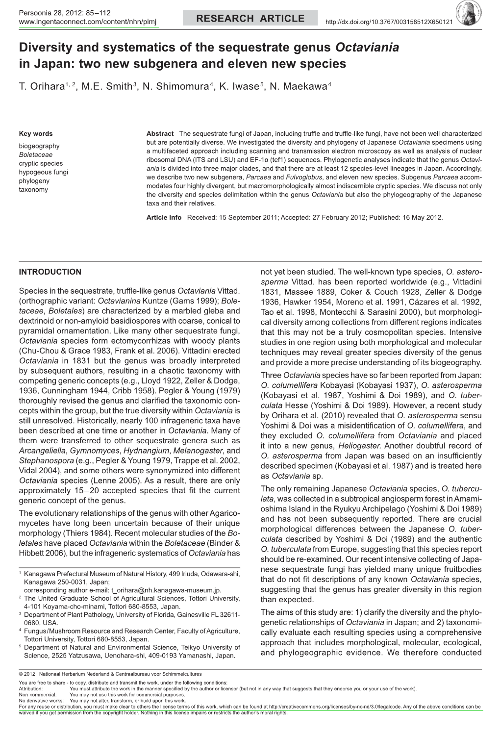 Diversity and Systematics of the Sequestrate Genus &lt;I&gt;Octaviania&lt;/I&gt;