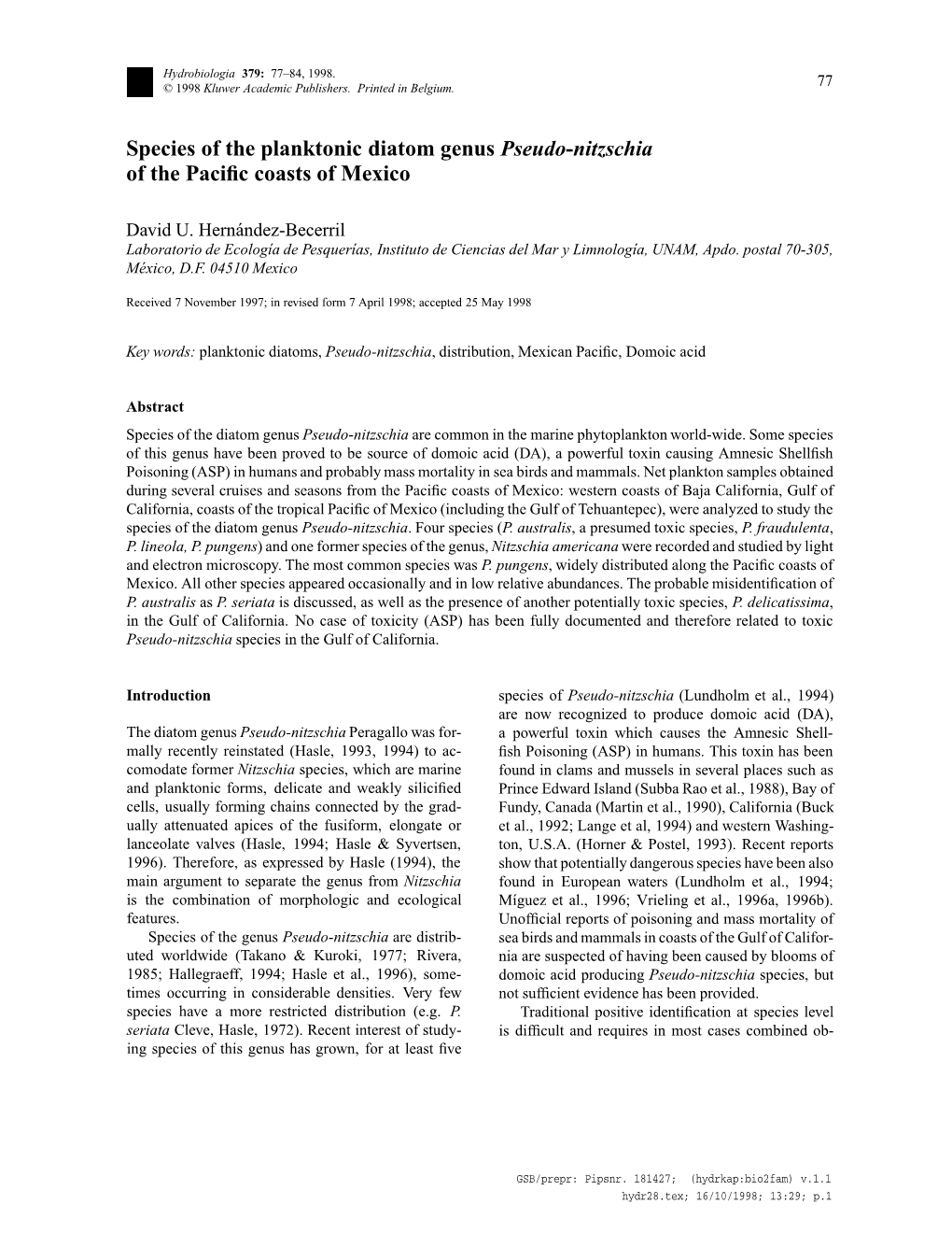 Species of the Planktonic Diatom Genus Pseudo-Nitzschia of the Paciﬁc Coasts of Mexico