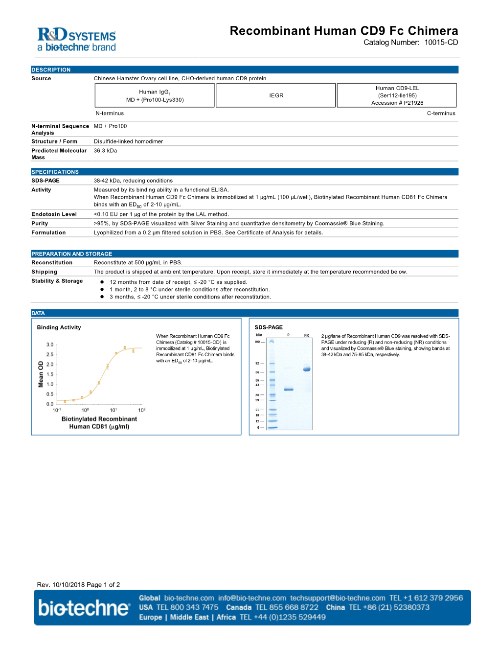 Recombinant Human CD9 Fc Chimera Catalog Number: 10015-CD