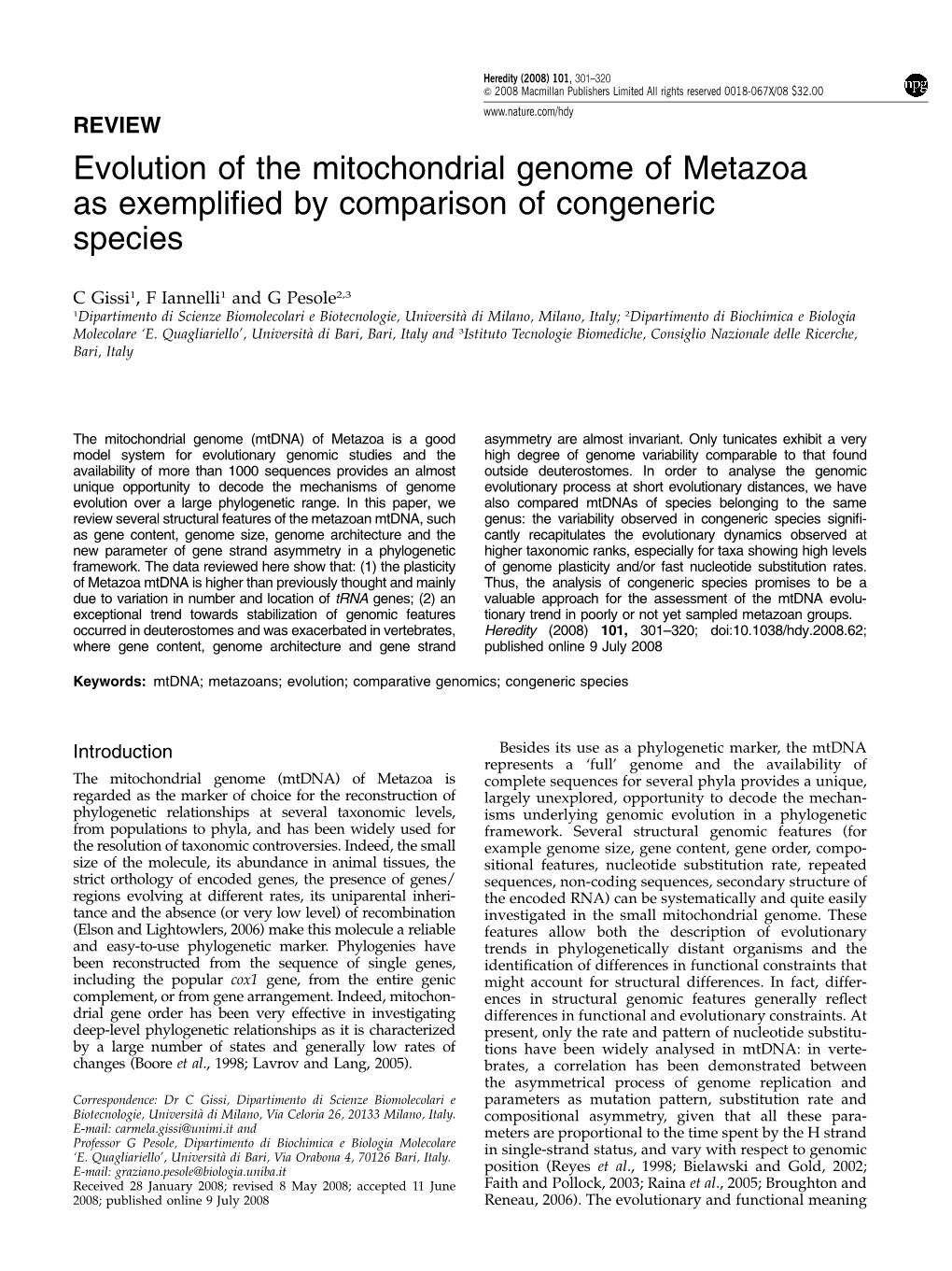 Evolution of the Mitochondrial Genome of Metazoa As Exemplified by Comparison of Congeneric Species