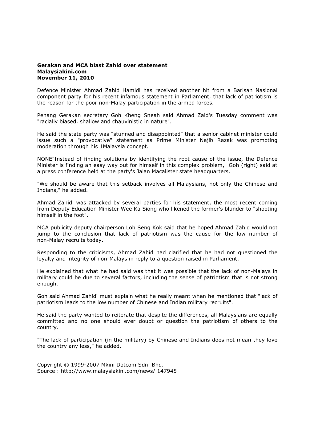 Gerakan and MCA Blast Zahid Over Statement Malaysiakini.Com November 11, 2010