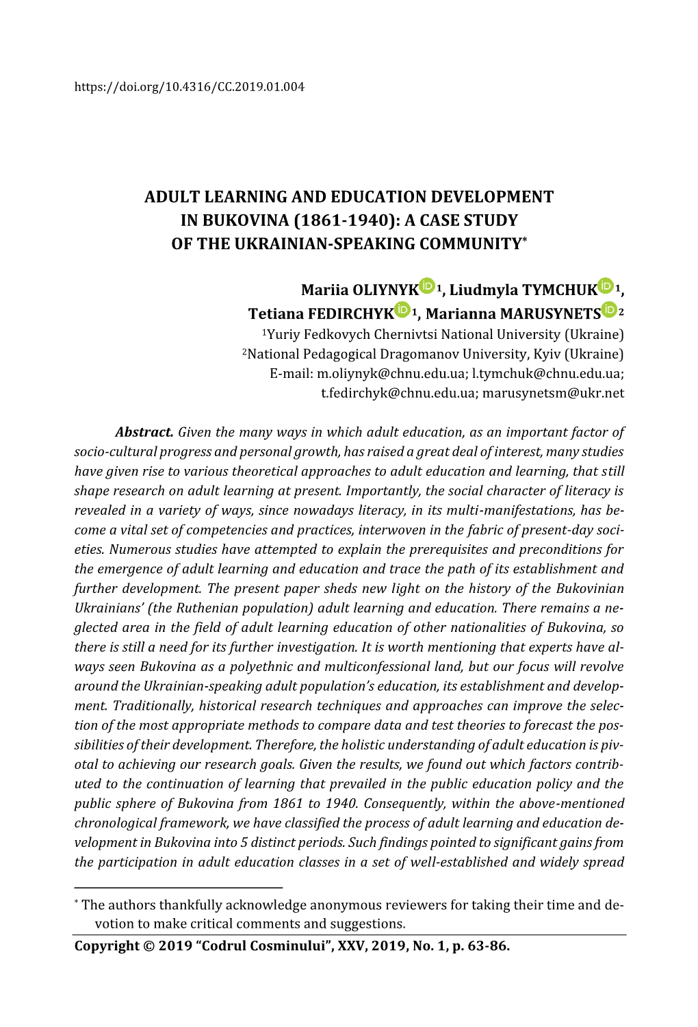Adult Learning and Education Development in Bukovina (1861-1940): a Case Study of the Ukrainian-Speaking Community*