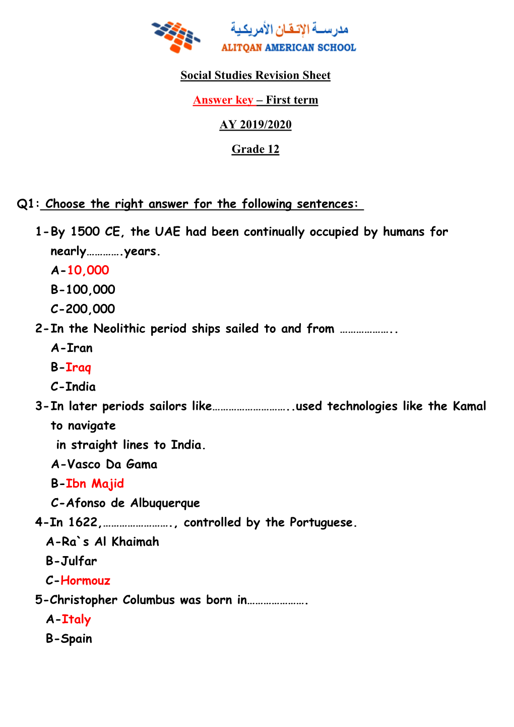 Answer Key 20/209 AY 201 12 Grade Choose the Right Answer for The