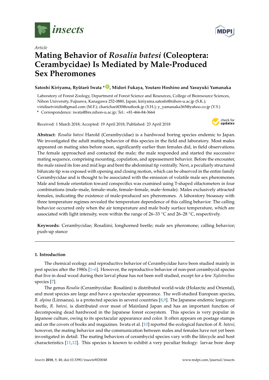 Mating Behavior of Rosalia Batesi (Coleoptera: Cerambycidae) Is Mediated by Male-Produced Sex Pheromones