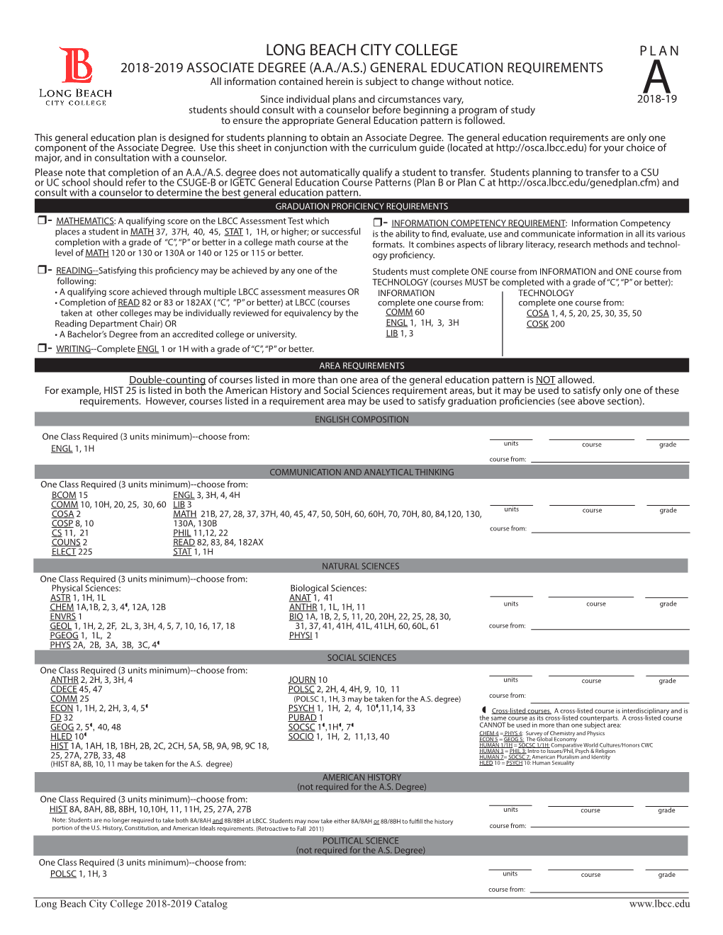 Plan a Course Pattern, 2018-2019