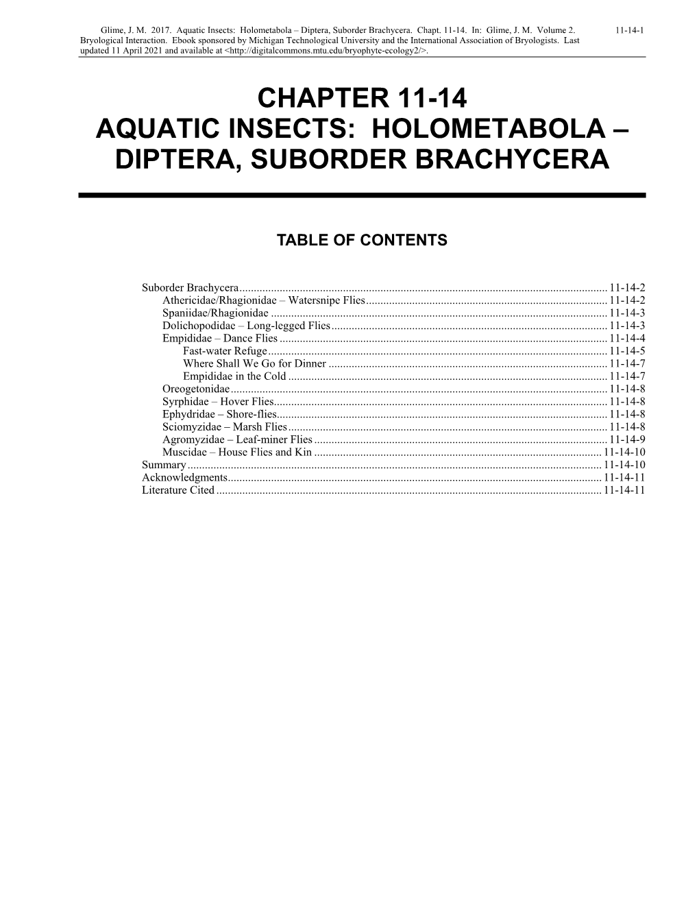 Volume 2, Chapter 11-14: Aquatic Insects: Holometabola-Diptera