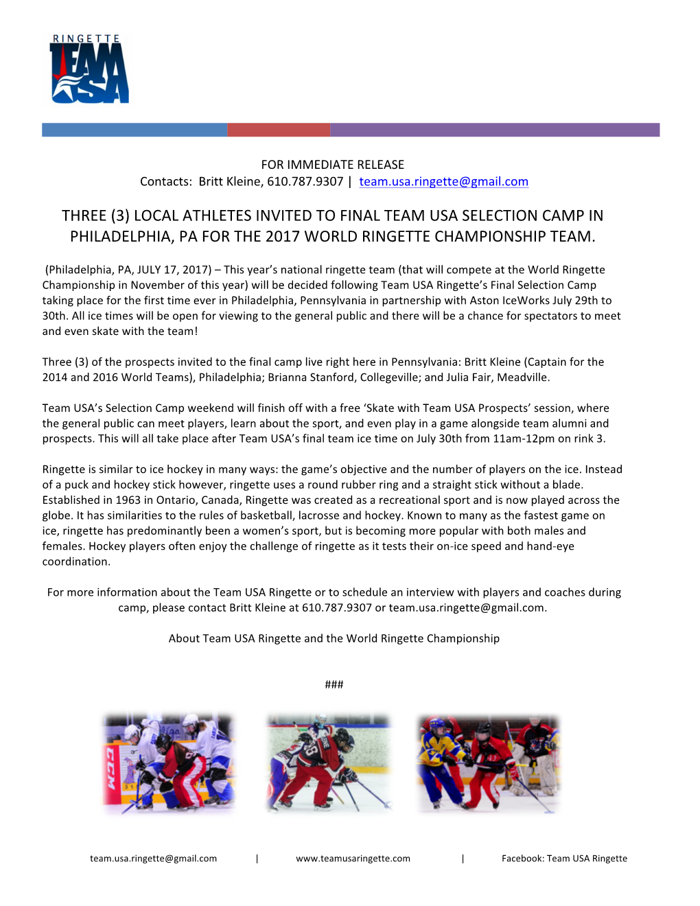 Local Athletes Invited to Final Team Usa Selection Camp in Philadelphia, Pa for the 2017 World Ringette Championship Team