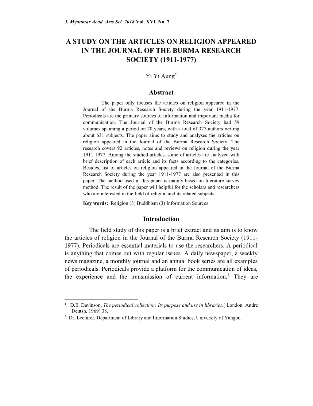 A Study on the Articles on Religion Appeared in the Journal of the Burma Research Society (1911-1977)