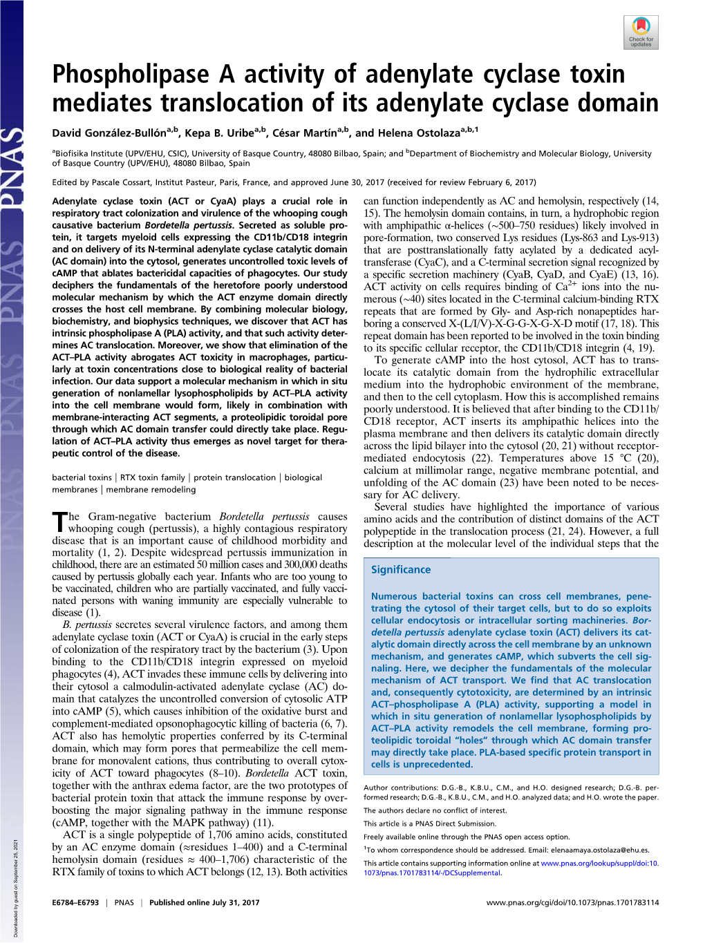 Phospholipase a Activity of Adenylate Cyclase Toxin Mediates Translocation of Its Adenylate Cyclase Domain