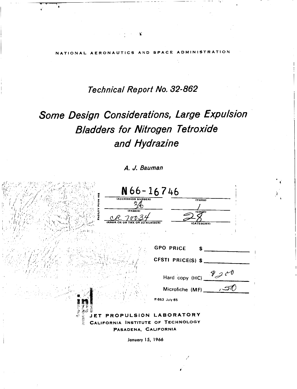 Some Design Considerations, Large Expulsion Bladders for Nitrogen Tetroxide and Hydrazine