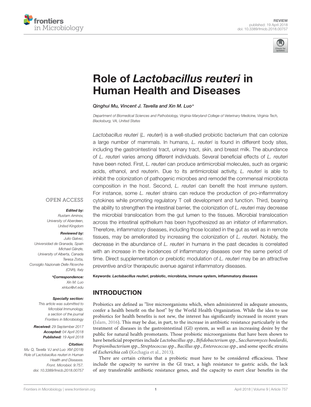 Role of Lactobacillus Reuteri in Human Health and Diseases