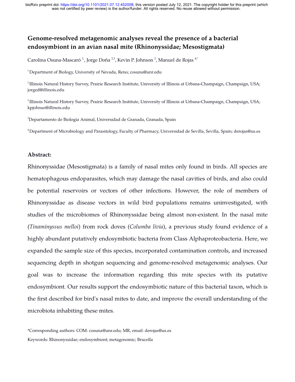 Genome-Resolved Metagenomic Analyses Reveal the Presence of a Bacterial Endosymbiont in an Avian Nasal Mite (Rhinonyssidae; Mesostigmata)