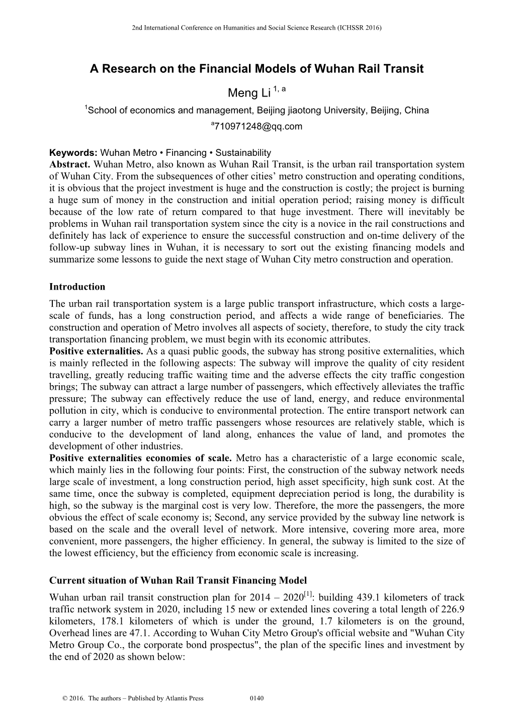 A Research on the Financial Models of Wuhan Rail Transit Meng Li