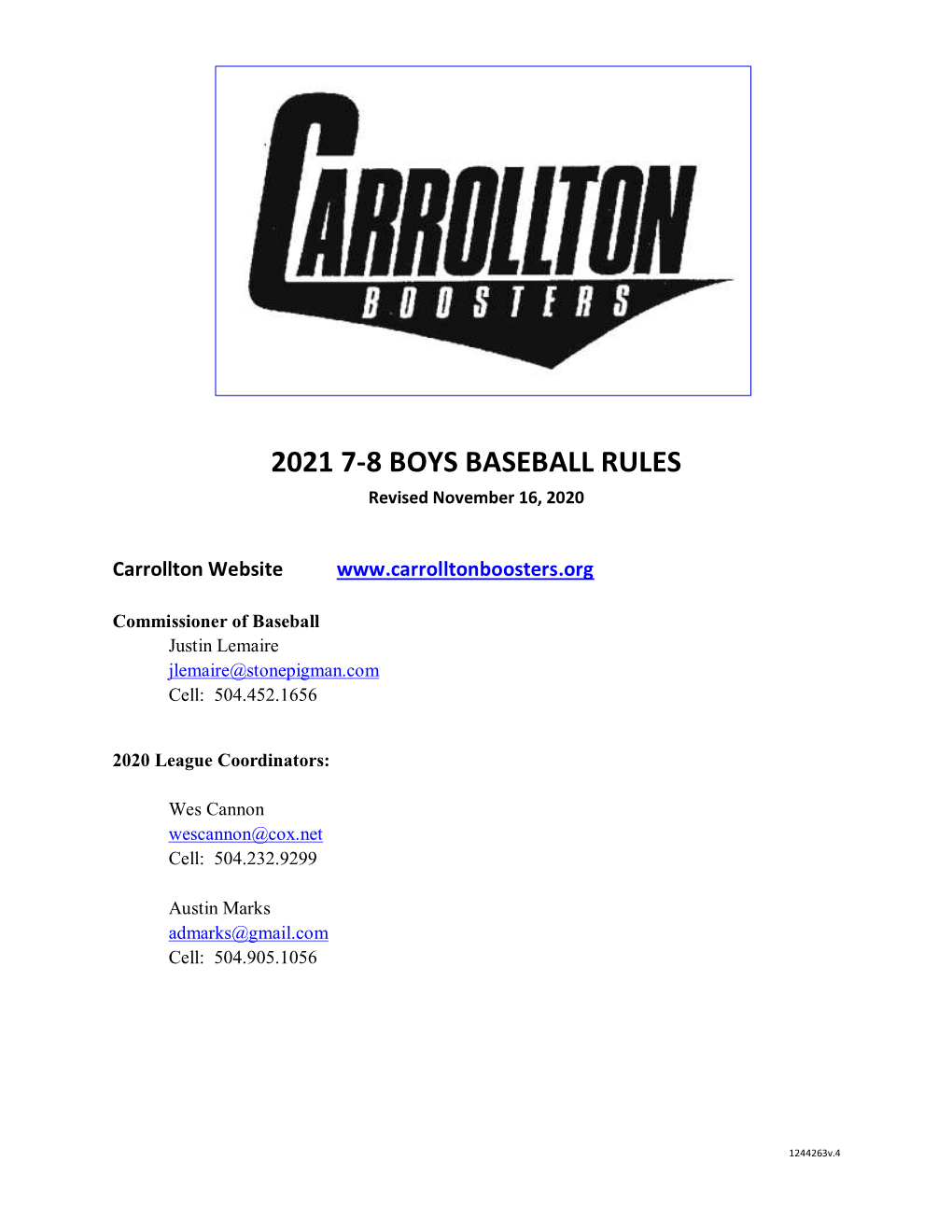 2021 7-8 BOYS BASEBALL RULES Revised November 16, 2020