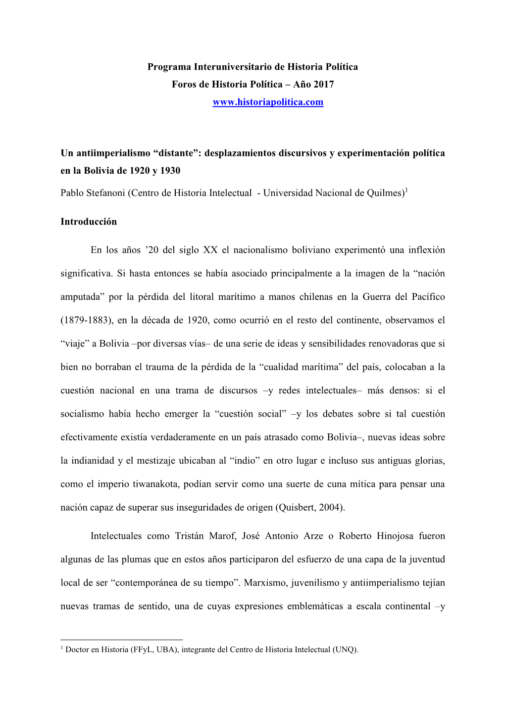 Pablo Stefanoni (Centro De Historia Intelectual - Universidad Nacional De Quilmes)1