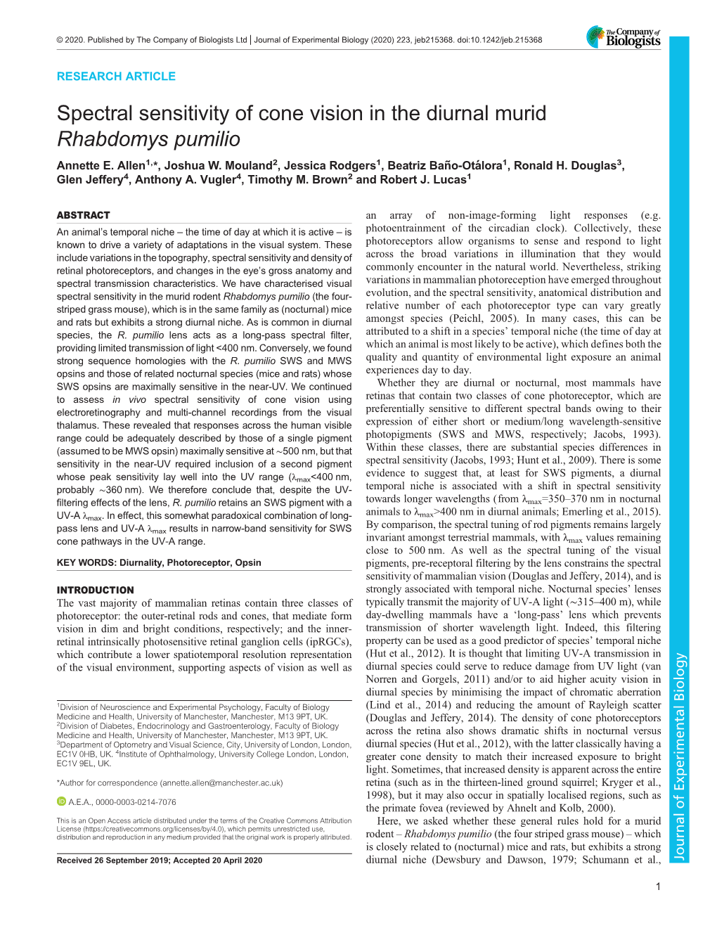 Spectral Sensitivity of Cone Vision in the Diurnal Murid Rhabdomys Pumilio Annette E