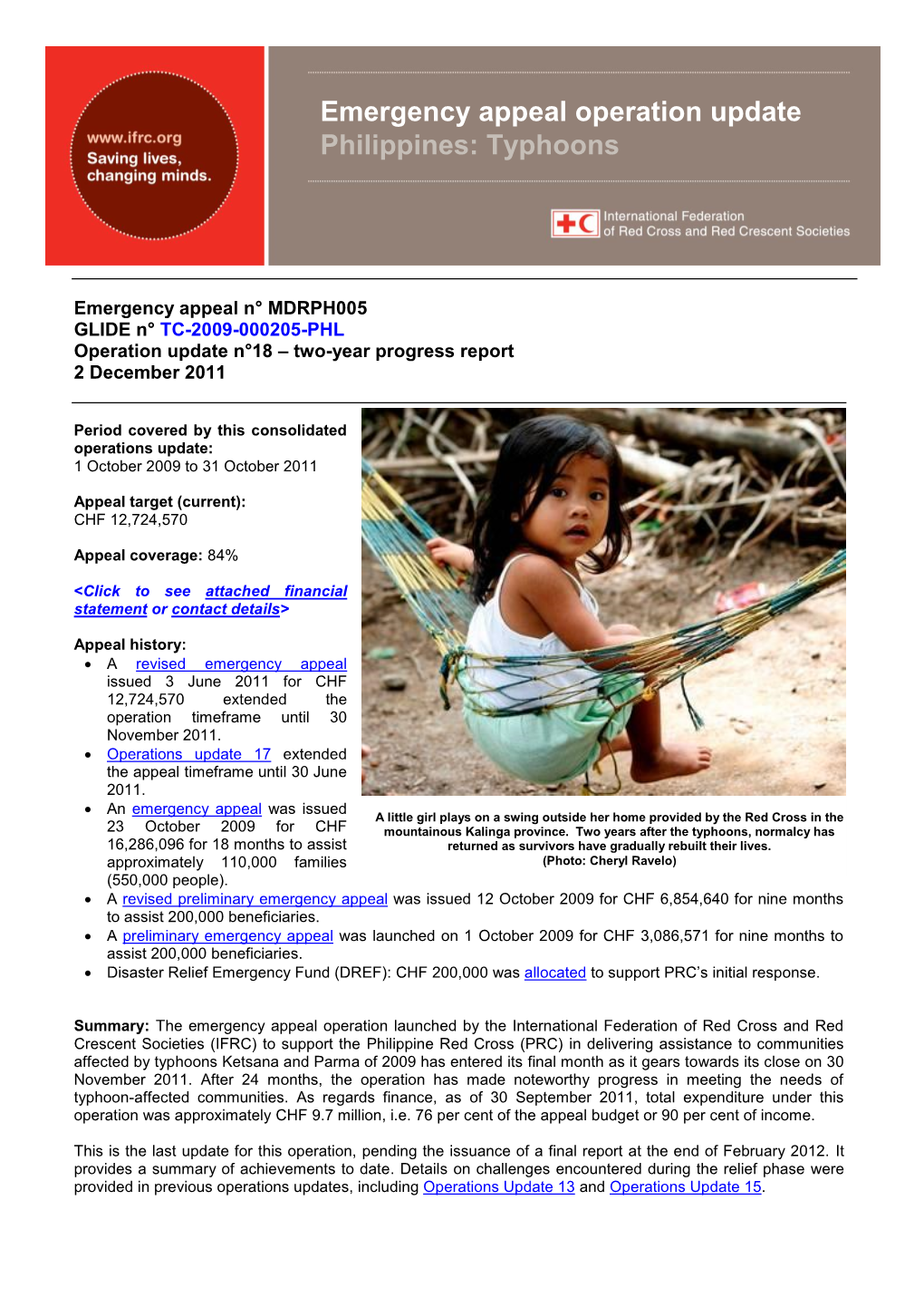 Emergency Appeal Operation Update Philippines: Typhoons