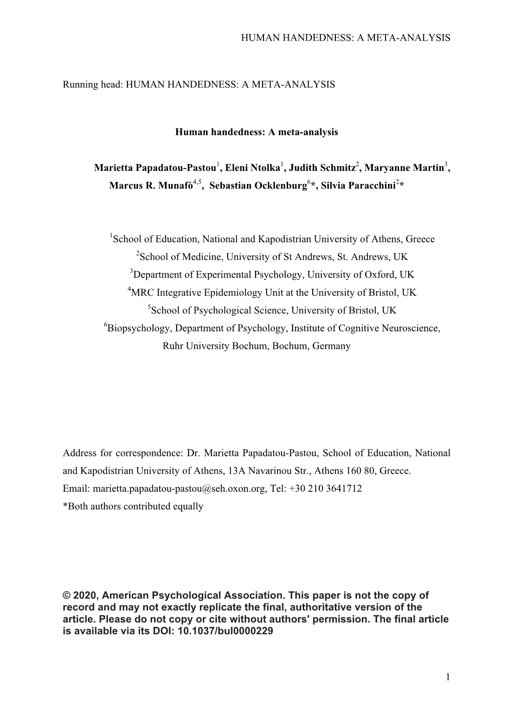 A META-ANALYSIS 1 Running Head: HUMAN HANDEDNESS