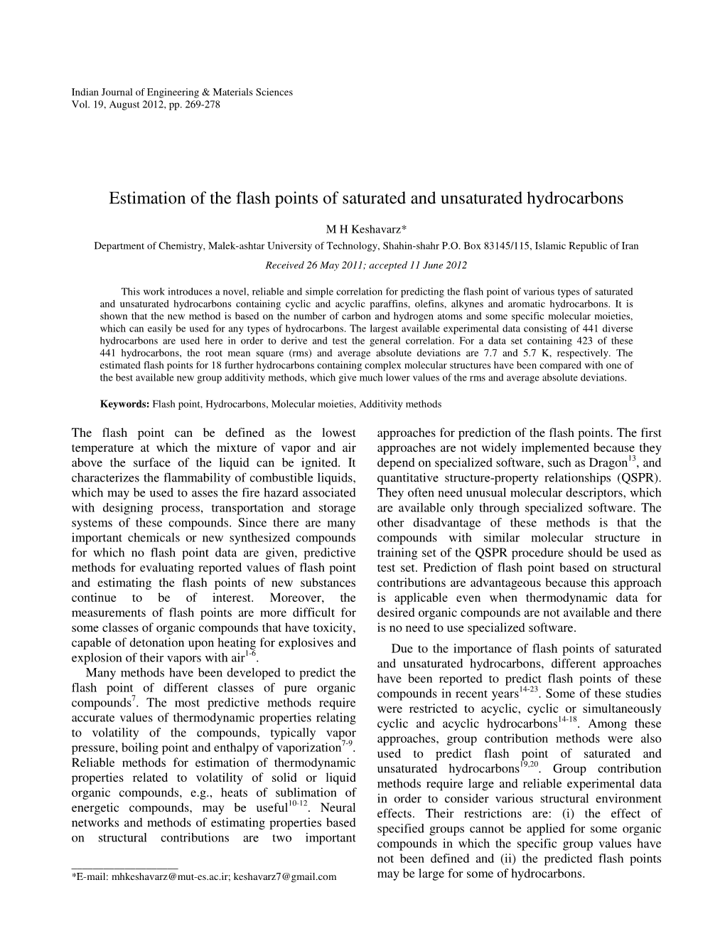 Estimation of the Flash Points of Saturated and Unsaturated Hydrocarbons