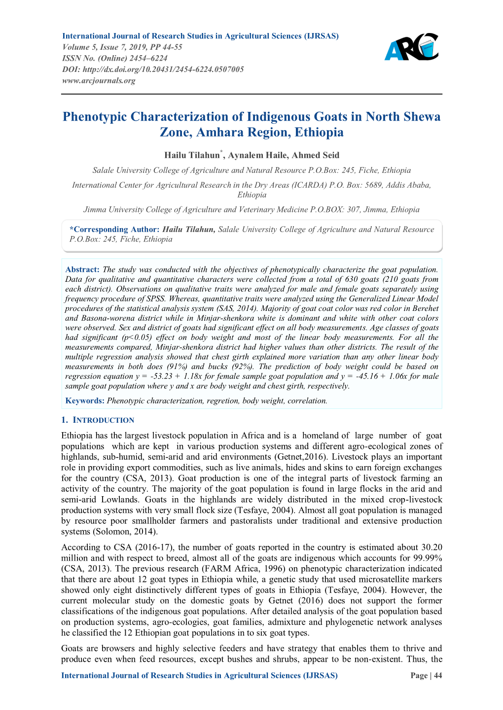 Phenotypic Characterization of Indigenous Goats in North Shewa Zone, Amhara Region, Ethiopia