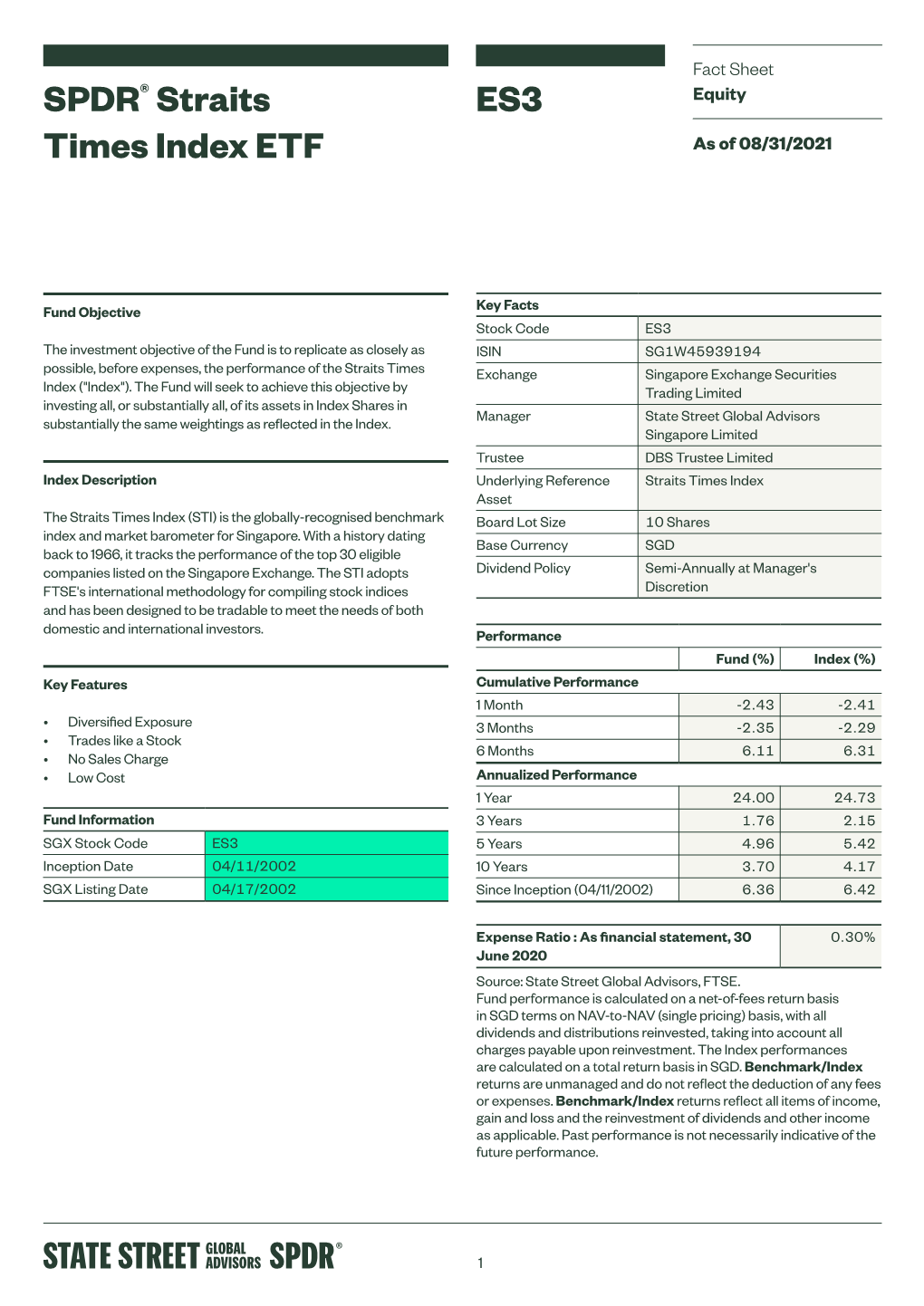 Fact Sheet:SPDR® Straits Times Index ETF, Jul2021