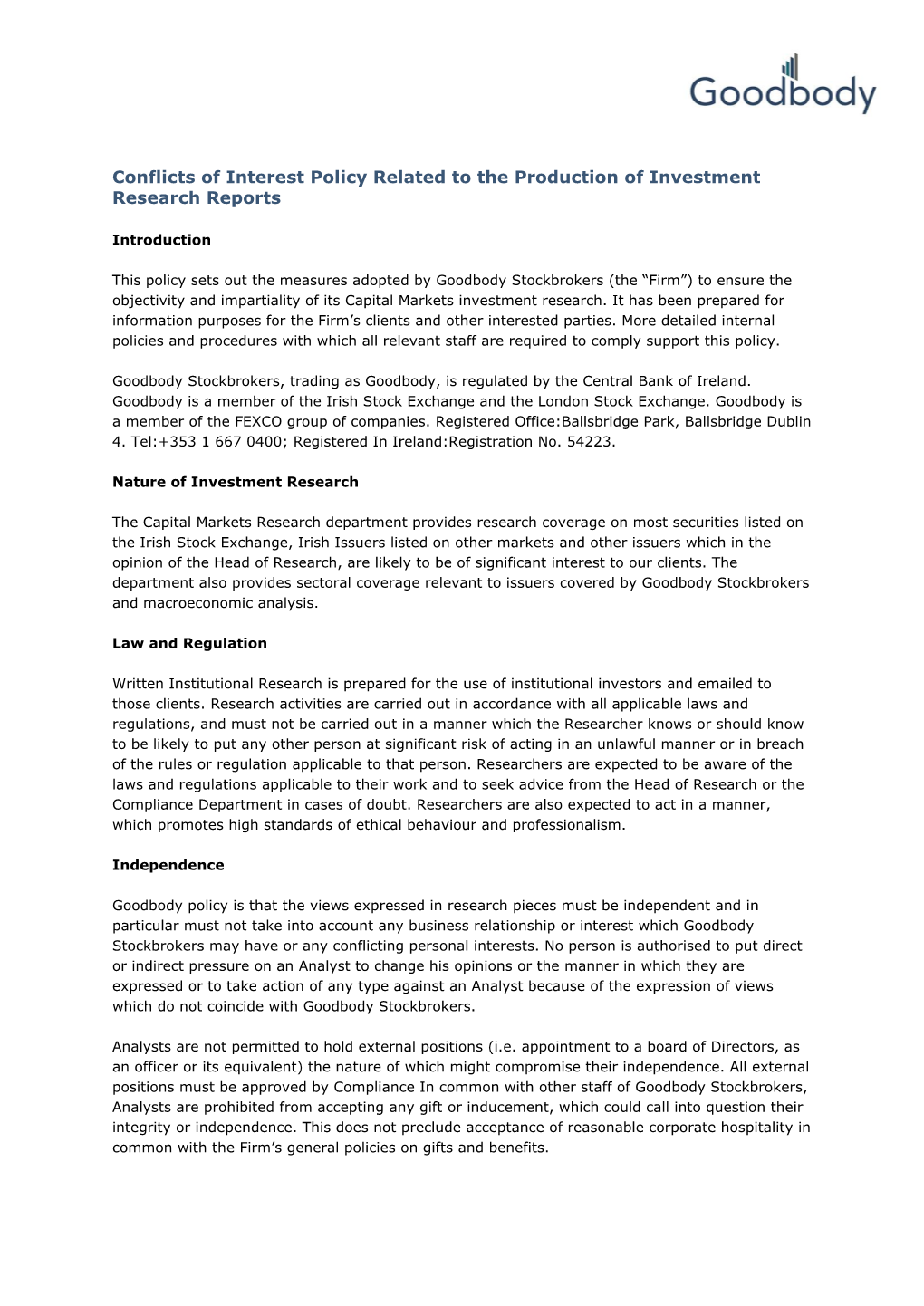 Conflicts of Interest Policy Related to the Production of Investment Research Reports