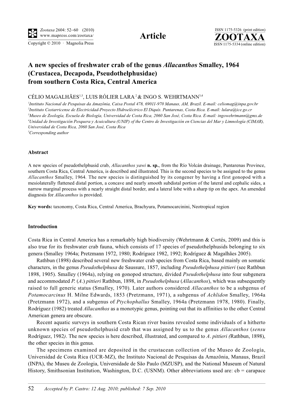 Zootaxa 2604: 52–60 (2010) ISSN 1175-5326 (Print Edition) Article ZOOTAXA Copyright © 2010 · Magnolia Press ISSN 1175-5334 (Online Edition)