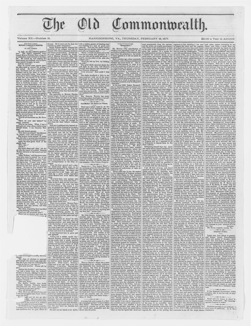 Number 19. HARRISON BURG, VA., THURSDAY, FEBRUARY 18, 1877