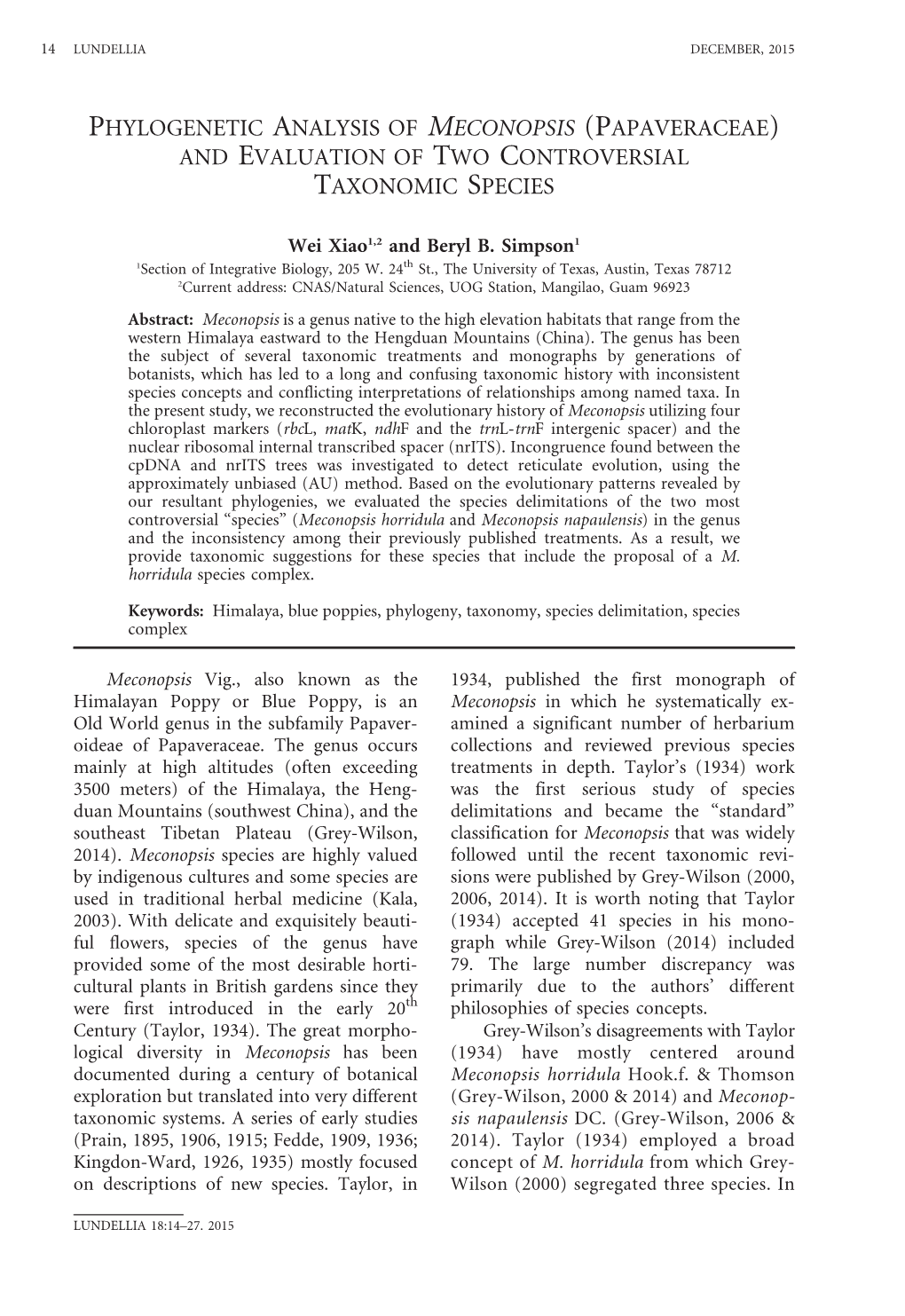 Phylogenetic Analysis of Meconopsis (Papaveraceae) and Evaluation of Two Controversial Taxonomic Species