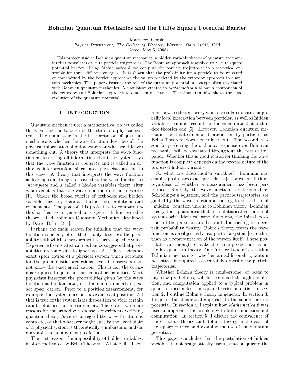 Bohmian Quantum Mechanics and the Finite Square Potential Barrier