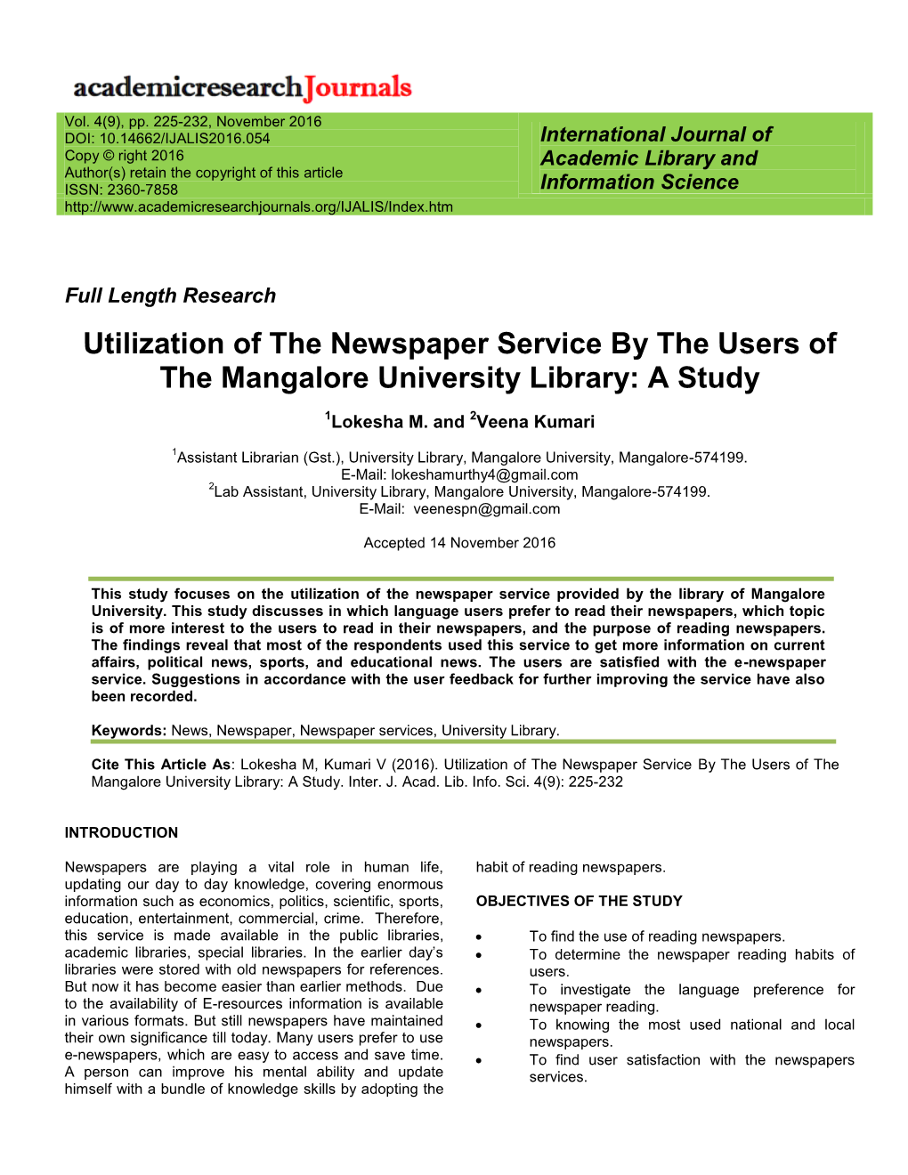 Utilization of the Newspaper Service by the Users of the Mangalore University Library: a Study