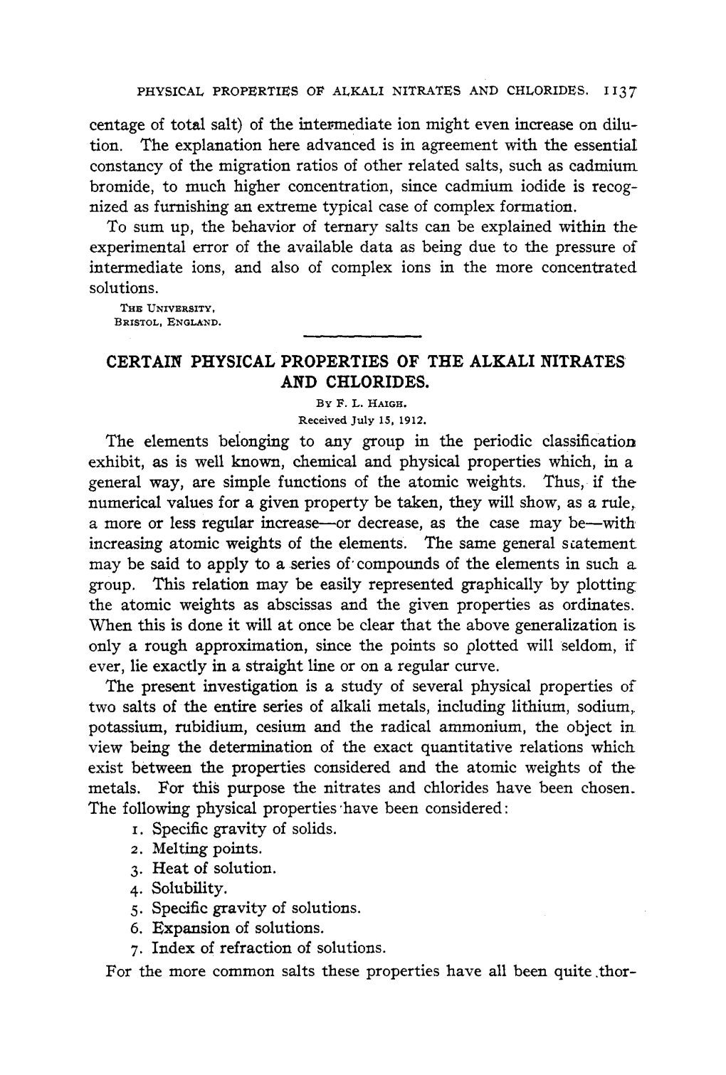 Certair Physical Properties of the Alkali Nitrates and Chlorides