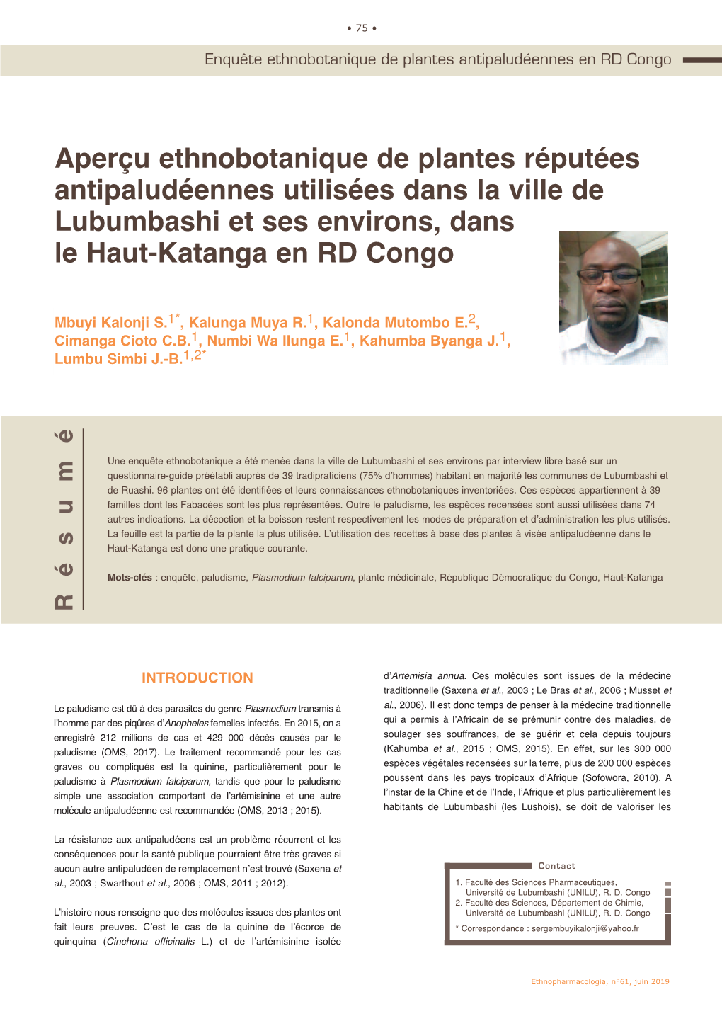 Aperçu Ethnobotanique De Plantes Réputées Antipaludéennes Utilisées Dans La Ville De Lubumbashi Et Ses Environs, Dans Le Haut-Katanga En RD Congo