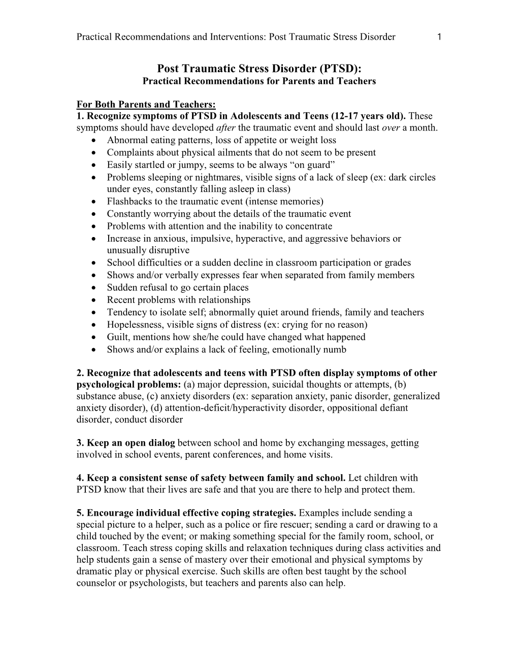 Post Traumatic Stress Disorder (PTSD): Practical Recommendations for Parents and Teachers