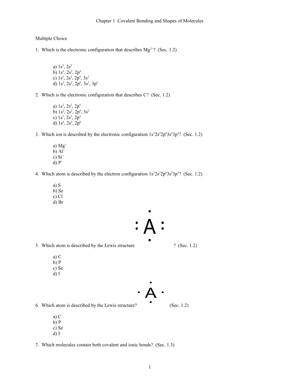 Chapter 1 Covalent Bonding and Shapes of Molecules