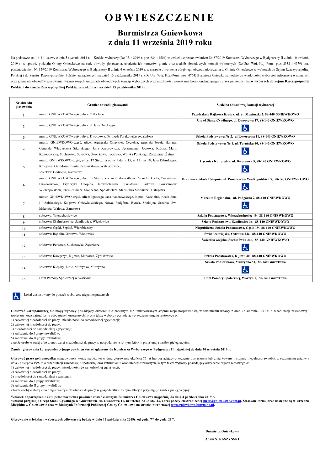 Gniewkowo Na Stałe Obwody Głosowania, Ustalenia Ich Numerów, Granic Oraz Siedzib Obwodowych Komisji Wyborczych (Dz.Urz