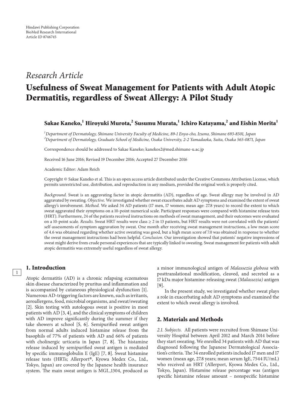 Research Article Usefulness of Sweat Management for Patients with Adult Atopic Dermatitis, Regardless of Sweat Allergy: a Pilot Study