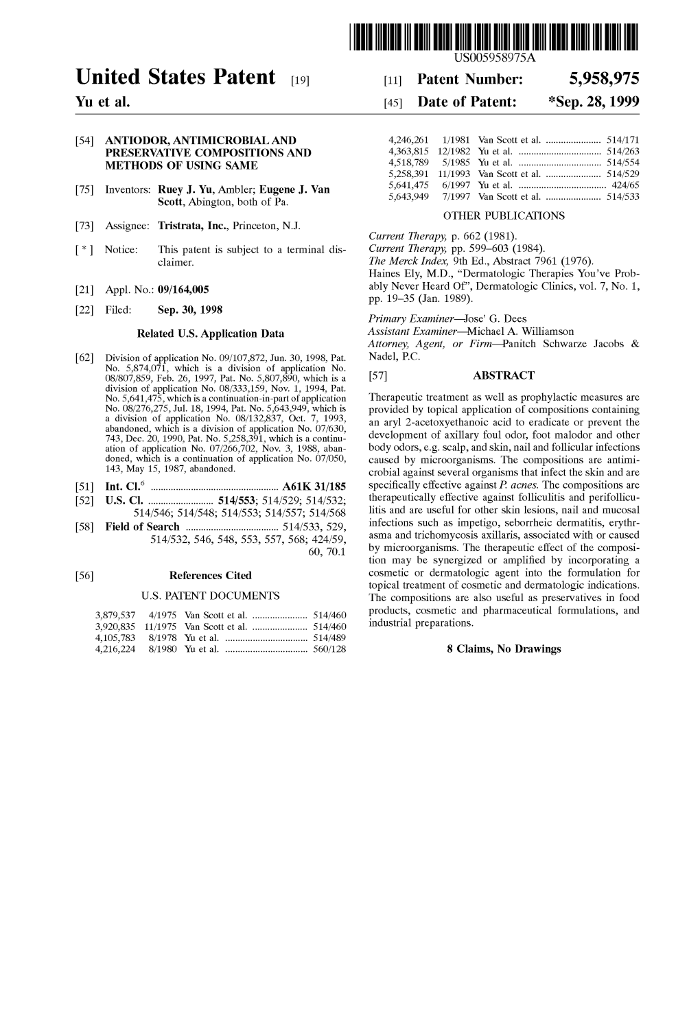 United States Patent (19) 11 Patent Number: 5,958,975 Yu Et Al