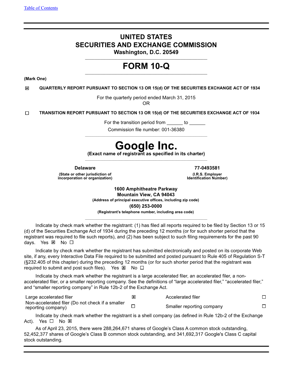 Google Inc. (Exact Name of Registrant As Specified in Its Charter) ______