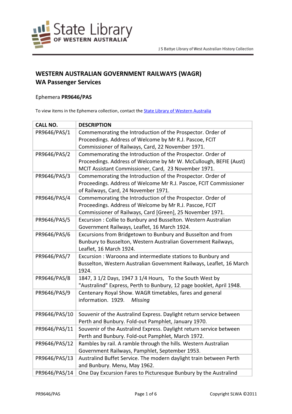 WESTERN AUSTRALIAN GOVERNMENT RAILWAYS (WAGR) WA Passenger Services