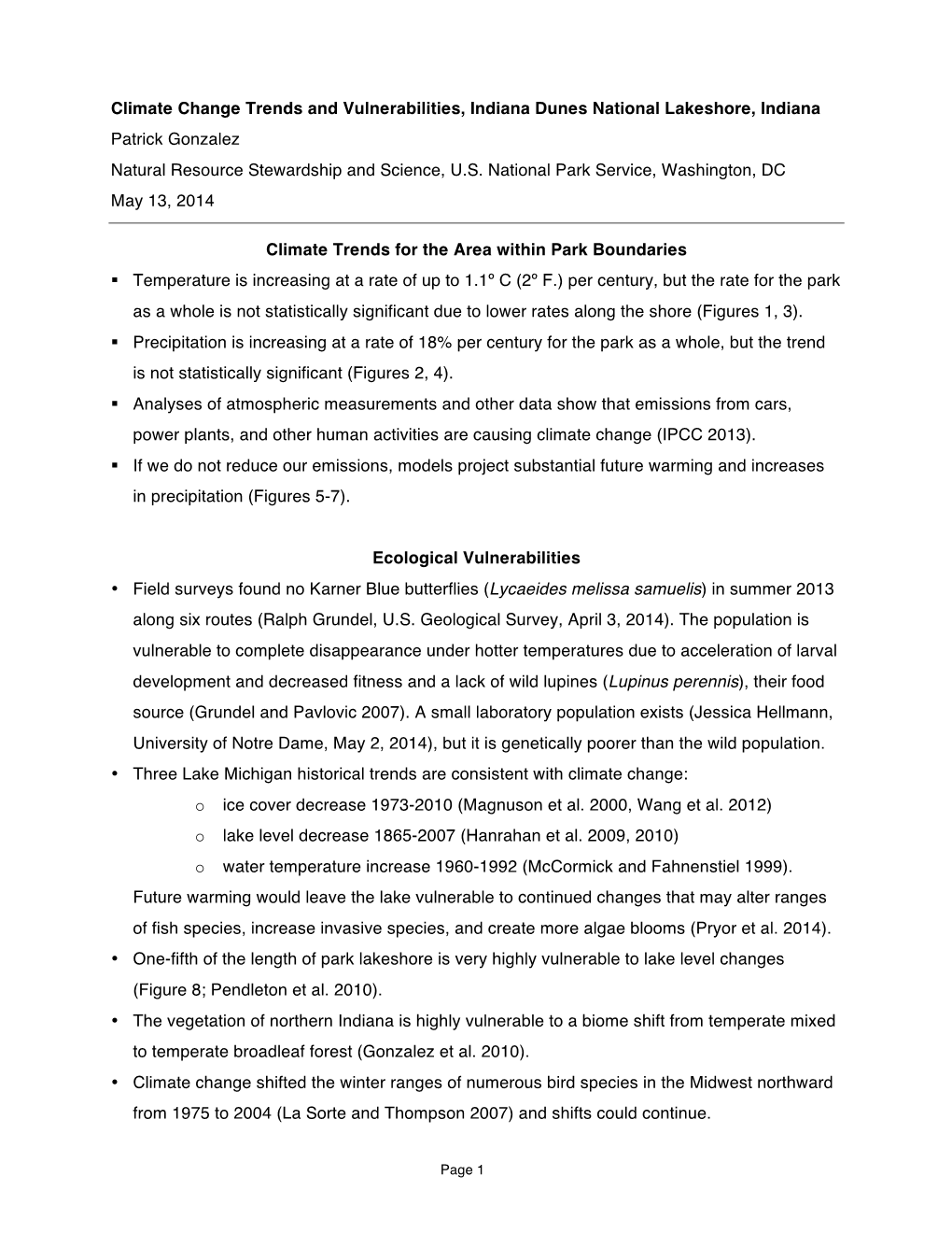 Climate Change Trends and Vulnerabilities, Indiana Dunes National Lakeshore, Indiana Patrick Gonzalez Natural Resource Stewardship and Science, U.S