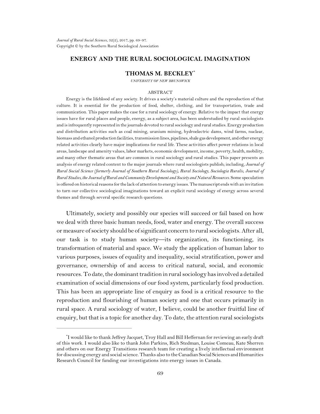 Energy and the Rural Sociological Imagination Thomas M. Beckley