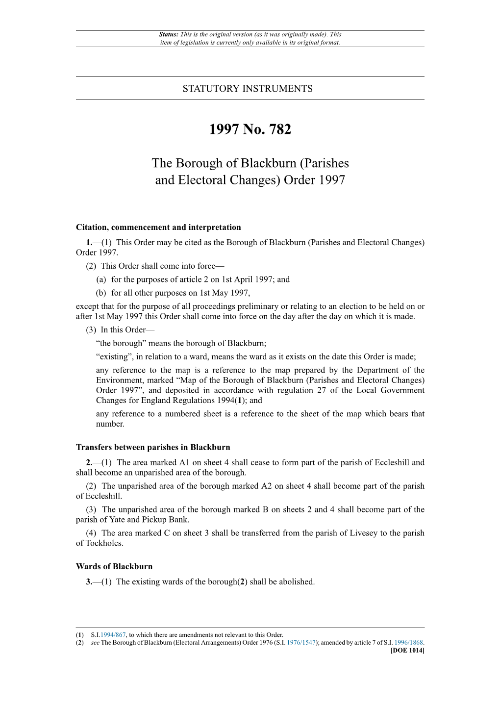 Parishes and Electoral Changes) Order 1997