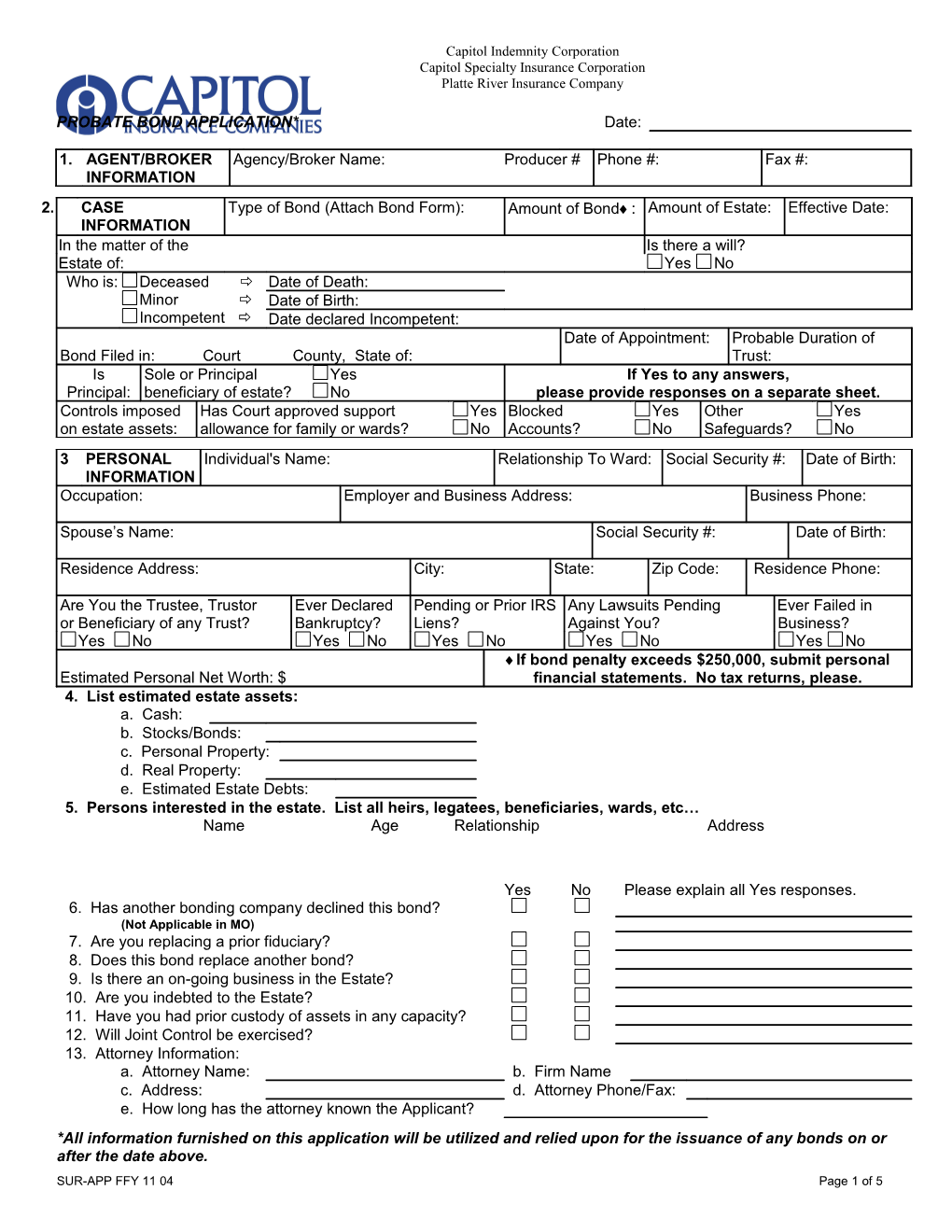 Probate Bond Data Sheet*