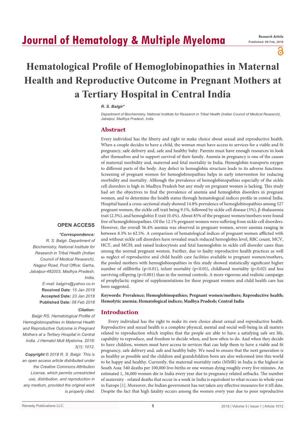 Hematological Profile of Hemoglobinopathies in Maternal Health and Reproductive Outcome in Pregnant Mothers at a Tertiary Hospital in Central India