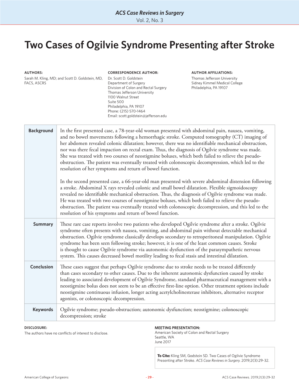 Two Cases of Ogilvie Syndrome Presenting After Stroke