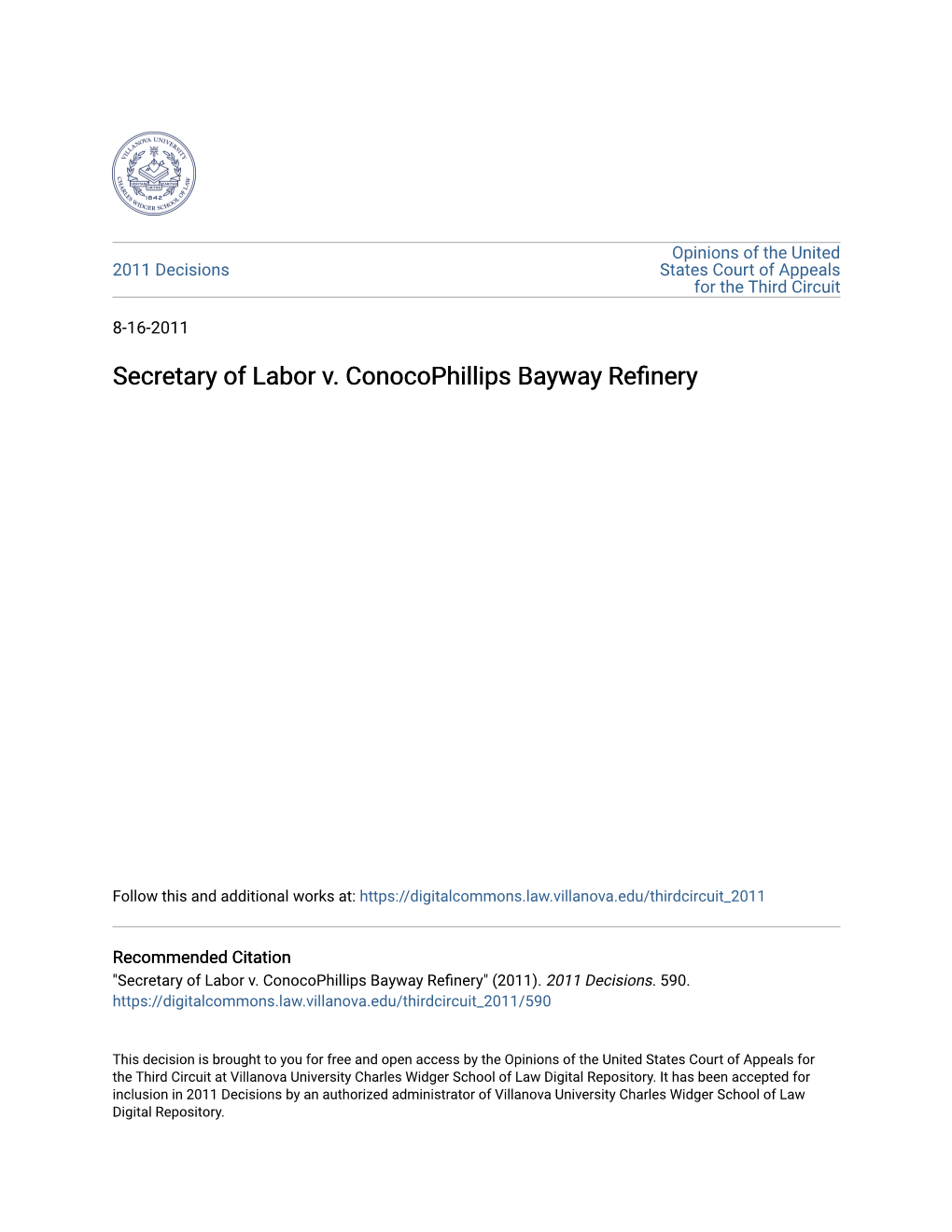 Secretary of Labor V. Conocophillips Bayway Refinery